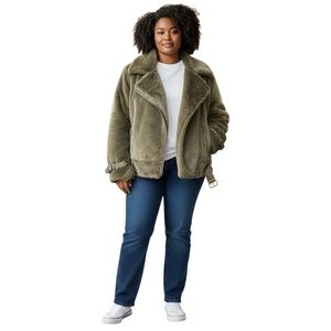 Cuddl Duds Olive Teddy Moto Jacket for Women XL baddie comfy faux fur NEW